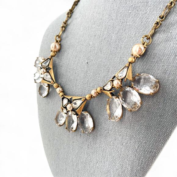 J Crew Clear Rhinestone Triad Statement Necklace Antique Brass - Picture 2 of 6